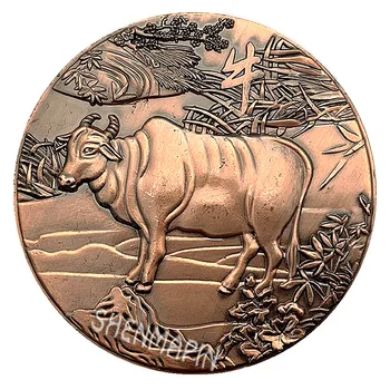 Trei-dimensional de Relief față-Verso Vaca Monedă Comemorativă Cultura Chineză Zodiac Vaca Cupru Roșu Artă, Monede de Colecție