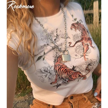 Rockmore Tigru Imprimat Tricou Maneca Scurta Crop Top Doamnelor Streetwear Vara Decupate Tricouri T-shirt Alb Casual de Bază Tricou