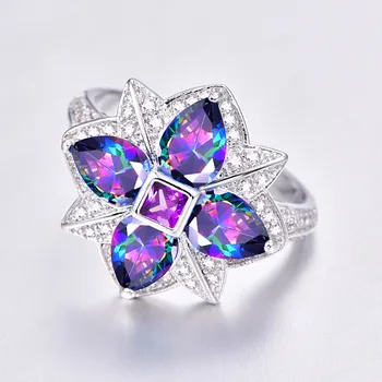 Lingmei DropShipping Nou Stil de Flori Multi - Violet și Albastru Rosu Alb CZ Culoare Argintie Dimensiune Inel 6-9 Pentru Femei Bijuterii de Nunta