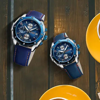 MEGIR Mens Ceasuri de Top de Brand de Lux din Piele Albastru Iubitorii de Cronograf Cuarț Ceas Set Relogio Masculino Erkek Kol Saati