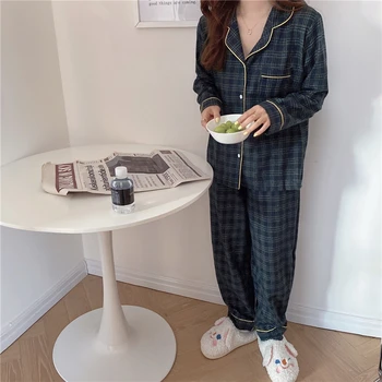 Primăvara femei seturi de pijamale coreean carouri top si pantaloni 2 bucăți set de sex feminin pijamale pijamale de noapte costume iubitorii de homewear mujer L042