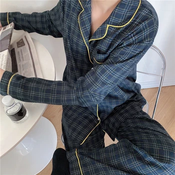 Primăvara femei seturi de pijamale coreean carouri top si pantaloni 2 bucăți set de sex feminin pijamale pijamale de noapte costume iubitorii de homewear mujer L042