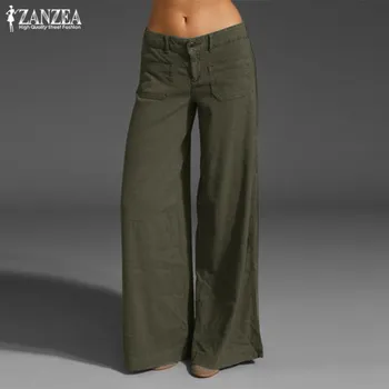 Elegant Largi Picior Pantaloni Femei Pantaloni de Vara 2021 ZANZEA Epocă Butonul Fermoar Fata Nap Cauzalitate Nap Plus Dimensiune Pantalon