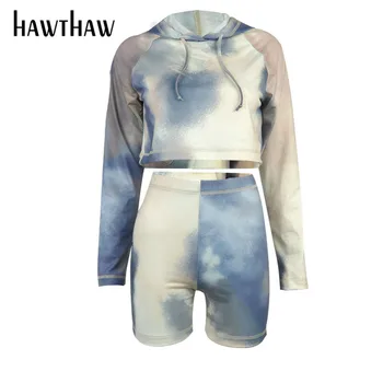 Hawthaw Femei Toamna Cu Maneci Lungi Tie Dye Top De Cultură Hanorac Hanorac Pantaloni Scurti Două Seturi De Piese 2020 Haine De Toamna Streetwear