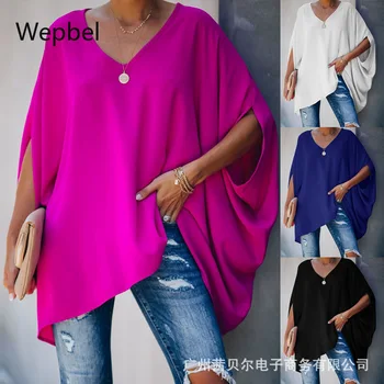 Wepbel V-neck Batswing Maneca Topuri Femeile Culoare Solidă Vrac Bluza Casual de Vara Moda Cămașă Lungă Bluze Femei Bluze
