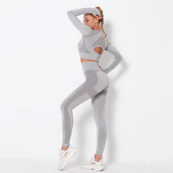 Fără sudură gol yoga costum pentru femei set hip pantaloni de yoga exercițiu de talie mare strânse de fitness pantaloni + iute uscat mâneci lungi