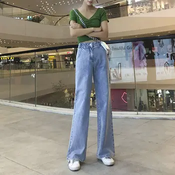 Vintage Largi Picior Femei Blugi Albastru de petrecere a timpului Liber Liber Talie Mare Streetwear Denim coreea Style All-meci Simplu Full-lungime Pantaloni