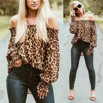 2019 Moda Femei Slash Gât Bluza Fierbinte Sexy Leopard de Imprimare Mânecă Lungă Lanternă Doamnelor Bluza de Vara Topuri New Sosire mărimile S-XL