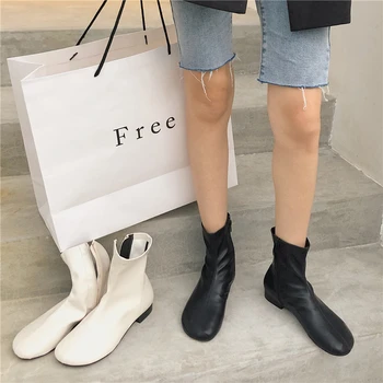 Pantofi negri pentru Femei Singure Cizme Cap Rotund Simplu cu Fermoar Lateral Cizme Scurte din Piele Moale Slim Toc mic Cizme de Moda