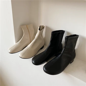 Pantofi negri pentru Femei Singure Cizme Cap Rotund Simplu cu Fermoar Lateral Cizme Scurte din Piele Moale Slim Toc mic Cizme de Moda