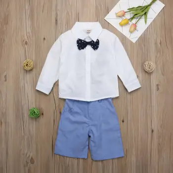 2019 Brand Nou Domn De Moda Pentru Sugari Băieți Copii Haine Seturi Arc Alb Cu Maneci Lungi Singur Pieptul Tricouri+Albastru Salopete Pantaloni