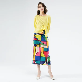 Miyake Plisate fuste femei 2020 geometric print-o linie lungă-coreean fusta multicolor împletit split Folie de drept fusta boho