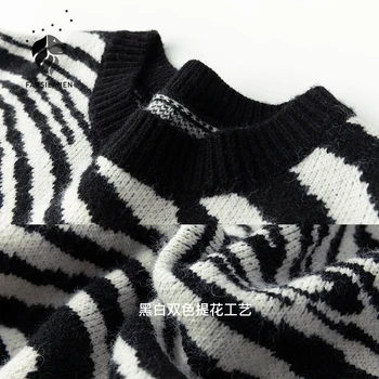 FANSILANEN Zebra print cu dungi tricotate supradimensionate sewater Femei toamna iarna pulover casual Femei vintage maneca lunga jumper