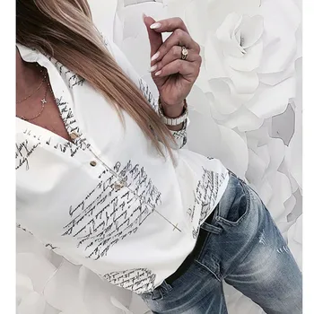 Primăvara Topuri Tricou Femei V-Gât Scrisori De Imprimare Butonul Topuri Cu Maneci Lungi Blusas Feminina Doamne Elegante De Birou Formale Bluza