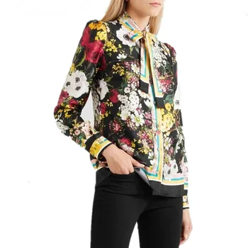Designer Pista Plus Dimensiune Bluze Femei 2019 Toamna cu Maneci Lungi Șifon Vintage Coroana de Muncă de Imprimare Tricou Doamnelor Florale Topuri