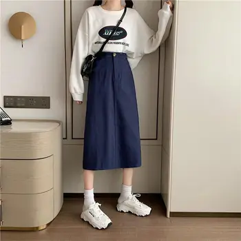 Fuste Denim Femei a-line Classic Mid-calf Dulce Colegiul Elegant All-meci de Talie Mare Harajuku Streetwear Casual Chic coreeană