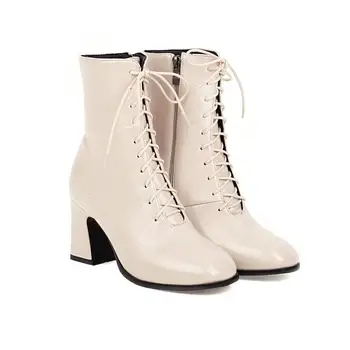 Glezna Cizme Pentru Femei Square Toe Pantofi de Moda de Pluș Cald Iarna, Ghete cu Fermoar Toc Patrat Confortabil Pantofi de damă bej
