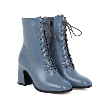 Glezna Cizme Pentru Femei Square Toe Pantofi de Moda de Pluș Cald Iarna, Ghete cu Fermoar Toc Patrat Confortabil Pantofi de damă bej