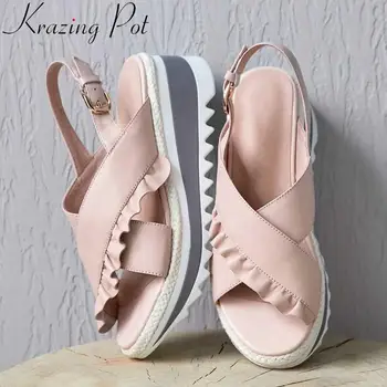 Krazing oală sweety fete cutat design de oaie din piele rotund femei peep toe sandale cu tocuri inalte, sandale de vara pantofi de partid L21