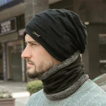 Oamenii De Iarnă Pălărie Și Eșarfă Om Cald Tricotate Pălărie De Pluș 2 Buc Set 2019 Masculin Mozaic Căciuli Capac Cu Inel De Eșarfe Adult Dotari