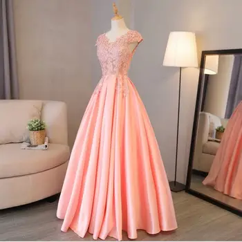 Domnișoara de onoare rochii pentru nunti 2020 nou capac de dantelă maneca O Linie piersic roz rochii de domnisoare de onoare lung vestido madrinha fierbinte de vânzare