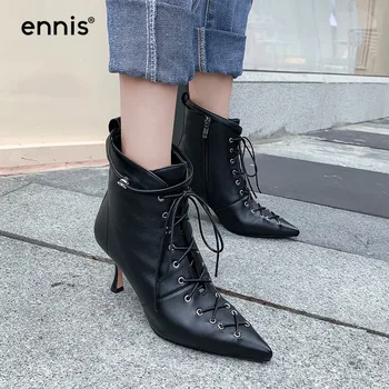 ENNIS Femei Brand Toc Înalt Cizme a Subliniat Toe Stilet Glezna Cizme din Piele Cizme Negre cu Fermoar Pantofi Doamnelor Moda A9284