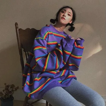 Toamna Fleece căptușit 2020 Nou Mânecă Lungă Pierde Curcubeu cu Dungi Șic Top Tricou Femei Harajuku Streetwear Estetice Tricou