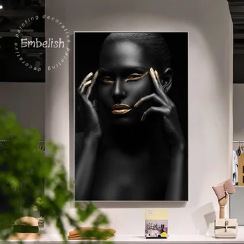 Înfrumusețează 1 Buc Negru Mână De Aur Și Buze Nud Femeie Din Africa De Arta De Perete Imagini Pentru Living Home Decor Panza Pictura Poster