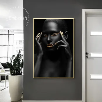 Înfrumusețează 1 Buc Negru Mână De Aur Și Buze Nud Femeie Din Africa De Arta De Perete Imagini Pentru Living Home Decor Panza Pictura Poster