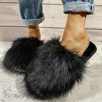 Noi Femeile Papuci De Pluș Pufos Faux Blana Slide-Uri De Interior Cu Blană Moale, Papuci De Casă Cald Plat, Papuci De Moda De Iarna Femeie Pantofi