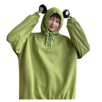 2020 Chic Hoodies Femei Drăguț Broasca Cu Gluga Pulover Vrac Verde Cu Maneca Lunga-Tricou O-Gât Sudadera Mujer Topuri Toamna Iarna