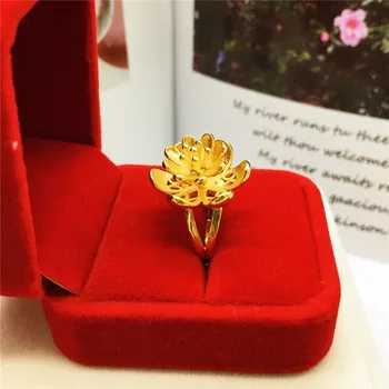 Moda Nisip de Aur de 14K Inel pentru Femei Aniversare de Nunta Bijuterii Delicate Lotus Aur Galben Inel Reglabil Floare Inel de Aur