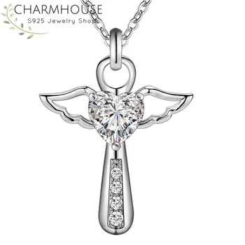 Charmhouse Argint 925 Coliere Pentru Femei Aripă de Înger Pandantiv Cruce & Colier cu Zirconiu Nunta Bijuterii de Mireasă