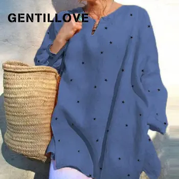 Gentillove Elegant cu Maneca Lunga V Gât Stele de Imprimare Topuri Largi si Bluze Femei 2020 Nou Casual Supradimensionat Tricou Femei de Îmbrăcăminte