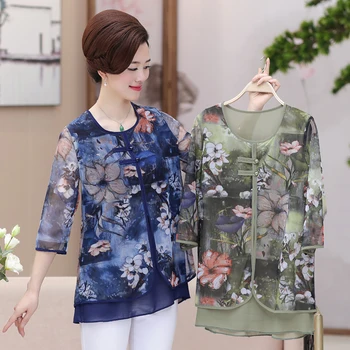 NIFULLAN Fals Două Piese de Vara Femei Șifon Bluze Topuri Mama de Moda de Îmbrăcăminte Casual, Floare de Imprimare Tricouri Plus Dimensiune 4XL