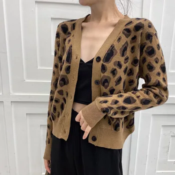 Femei Leopard de Imprimare Cardigan Toamna Noi V-gât Scurt Leopard Pulover tricotat cu Maneca Lunga Butonul de Moda Deschide Ochi