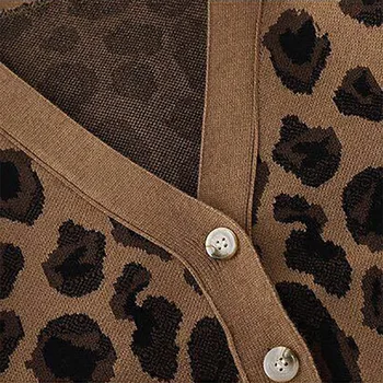 Femei Leopard de Imprimare Cardigan Toamna Noi V-gât Scurt Leopard Pulover tricotat cu Maneca Lunga Butonul de Moda Deschide Ochi