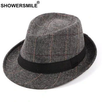 SHOWERSMILE Carouri Gri Fedora Pălărie Bărbați de Lână Spic Tweed Clasic, Jazz Pălărie de sex Masculin Britanic Stil Vintage de Toamna Simțit Pălărie Nouă
