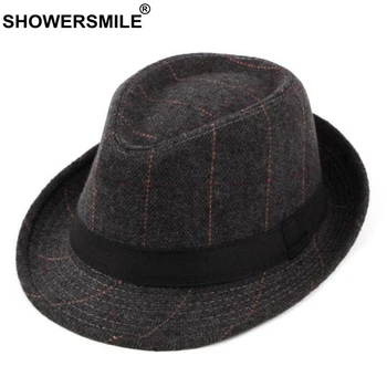 SHOWERSMILE Carouri Gri Fedora Pălărie Bărbați de Lână Spic Tweed Clasic, Jazz Pălărie de sex Masculin Britanic Stil Vintage de Toamna Simțit Pălărie Nouă