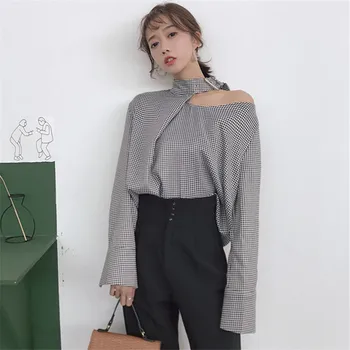 Femei Camasi Carouri 2020 Coreeană De Moda De Epocă Halter Mozaic Bluza Casual Cu Maneci Lungi Liber Feminin Blusas 67001