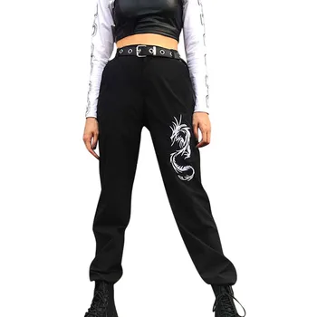 Stil Chinezesc Dragon Broderie Pantaloni Femei Negre Cu Talie Înaltă Buzunar Pantaloni Streetwear Femei Joggeri Pantaloni De Trening
