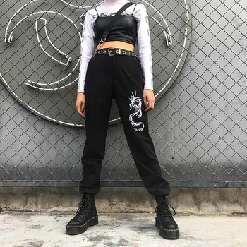 Stil Chinezesc Dragon Broderie Pantaloni Femei Negre Cu Talie Înaltă Buzunar Pantaloni Streetwear Femei Joggeri Pantaloni De Trening