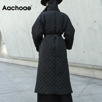 Aachoae Moda Negru Argyle Mult Hanorac 2020 Iarna Streetwear Side Split Buzunare Haina Guler Maneca Lunga Sacou Captusit