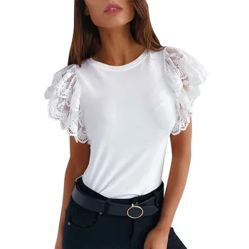Vara Casual Femei Alb T-shirt, O-Neck Lace Short Sleeve T-Shirt 2020 Moda Subțire de sex Feminin Streetwear Femei Solid Negru Topuri