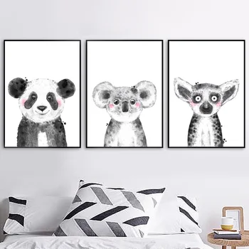 Alb Negru Desene Animate Panda Lenes Koala Animal Nordic Postere Si Printuri De Arta De Perete Panza Pictura Poze De Perete Pentru Camera Copii Copil