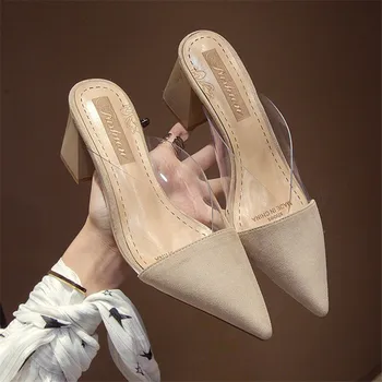 Pompe De Piele De Căprioară Pantofi De Vara Pentru Femei De Moda A Subliniat Tocuri Înalte Nou Muller Toc Pătrat Papuci Femei Slip-On Superficial Doamnelor Pantofi