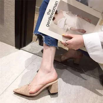 Pompe De Piele De Căprioară Pantofi De Vara Pentru Femei De Moda A Subliniat Tocuri Înalte Nou Muller Toc Pătrat Papuci Femei Slip-On Superficial Doamnelor Pantofi