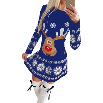 Noi 2020 Stil De Crăciun Moș Crăciun Om De Zăpadă Elan Imprimat V-Gât Curea De Talie Mare O Linie Plus Dimensiunea Rochie Sexy Amuzant De Crăciun Rochie De Petrecere