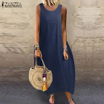 Femei Albastru Denim Sundress ZANZEA 2021 Elegant Rochie de Vara Casual rochie fără Mâneci Maxi Vestidos de sex Feminin Solid Haina Plus Dimensiune S-5XL