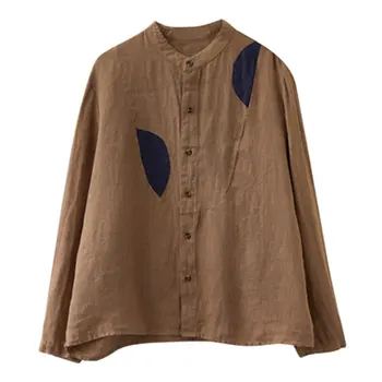 2020 Toamna anului Nou Stil de Arte Femei Maneca Lunga Tricouri Largi Guler de Turn-down Lenjerie de pat din Bumbac Mozaic Vintage Bluze Plus Dimensiune M507